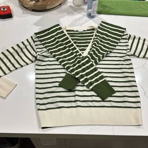 Veronica Beard Army Green Leni Stripe Tie Neck Merino Wool Sweater Size M